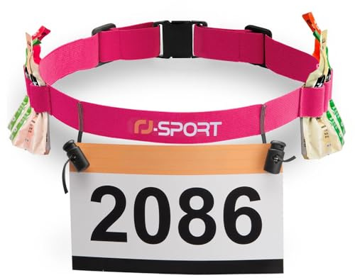 RJ-Sport Race Number Belt - Soporte para cinturón de Carreras de triatlón con 6 Trabillas de Gel energético para triatalón, maratón, Correr y Ciclismo, 04 Rosa, Talla única
