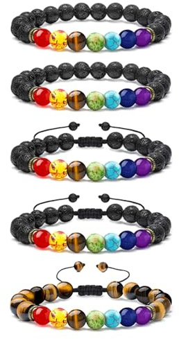 LABOTA 5 Stück Chakra Armband Echte Steine, Lava Stein Armbänder, 7 Farben Chakra Perlen Tigerauge Natürlich Heilstein Verstellbare Öl Diffusor Armbänder Unisex