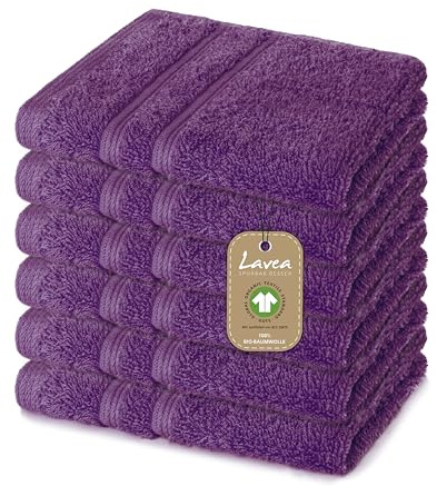 Lavea® 6 Lavette Bagno 30x30 cm in Spugna di Cotone Bio 100% Morbidi e Assorbenti, per Casa Hotel Spa – Ideali anche come Asciugamano Viso e Bidet – Viola