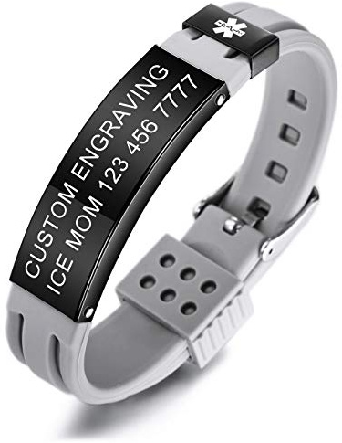 MOWOM Medical Braccialetto Personalizzato con Incisione in Silicone identificativo Regolabile per Uomo Donna Bambini in Acciaio Inossidabile Gomma- (Grigio *Personalizza Ora*)