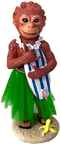 Armaturenbrett-Hula-Affen-Wackelkopf-Figur, 15,2 cm, grüner Grasrock, hawaiianischer Lei-Schreibtisch, Surfbrett, Mahalo