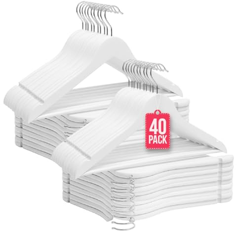 COM-FORT HOUSE – Pack 40 Perchas de Madera Blanca Premium con Gancho Giratorio 360° – Resistentes y Elegantes para Armario y Vestidor – Uniformes y Duraderas