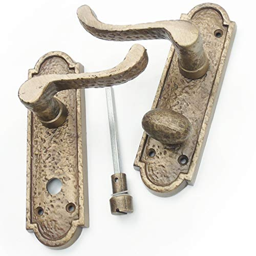 Jones & Grey Pair of Antique Brass Finish Cast Iron Hammered Scroll Lever Bathroom Door Handles on Back Plate