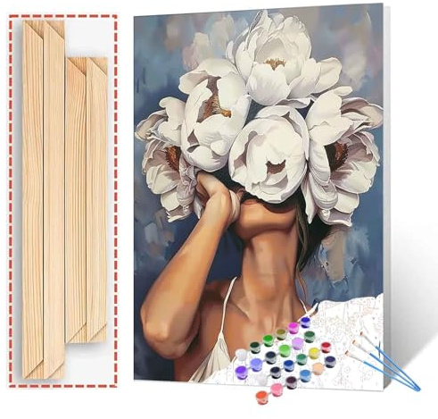 Tucocoo Malen nach Zahlen für Damen und Blumen moderner Stil Damenkopf Blumenbild Acryl-Ölgemälde Set Figur Dame Heimdekoration Malen nach Zahlen für Erwachsene Anfänger mit Rahmen