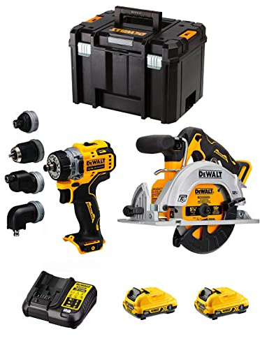 DeWALT Kit D12K207 (Sierra Circular DCS512 + Taladro Atornillador DCD703 + 2 baterías de 3,0 Ah + cargador + TSTAK VI)