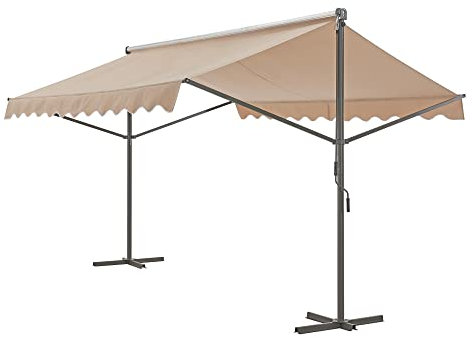 pro.tec Store Banne Autoportant Double Pente à Manivelle pour Terrasse et Jardin Polyester Revêtement PU Aluminium Acier Laqué 300 x 300 x 260 cm Sable