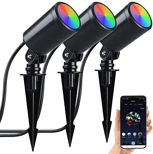 Luminea Home Control LED-Gartenstrahler 230V: 3er-Set WLAN-Gartenstrahler, dimmbar, RGB & CCT, 1.560 lm, IP65, App (LED Erdspieß RGB, Wegespot, Baum)