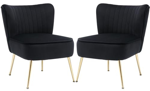 ABET Velvet Armless Wingback Accent Chairs Set of 2, Contemporary Style, Living Room & Bedroom Chairs, Black Velvet, Thick Cushion, Gold Metal Legs