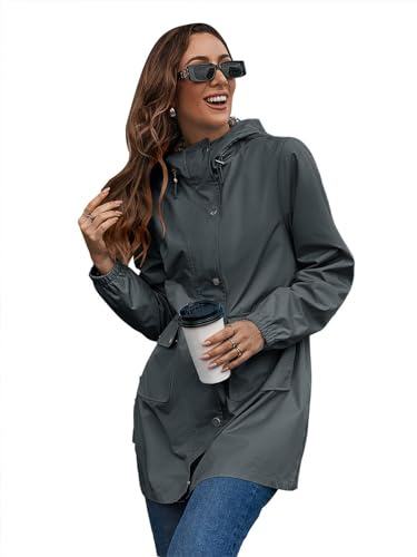 SotRong Lätta vattentäta jackor kvinnor packbar regnjacka huva regnrock damer vår sommar anoraker jackor utomhus cagoule trenchcoat, Grå, S