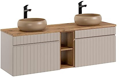 Muebles Slavic Iconic Cashmere, mobile per lavabo doppio, 140 cm, mobile per lavabo sospeso, piano rovere, colore beige (con piano di lavoro)