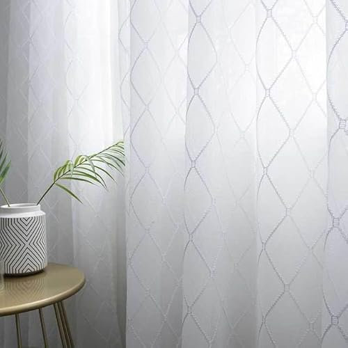 Moderne Geometrie-Stickerei-Tüllvorhänge für Wohnzimmer, weißer transparenter Vorhang für Schlafzimmer, Fensterbehandlung, Jalousien, Voile, individuell, weiß, B150 x L250 cm, 1 Stück, 1. Ringe oben
