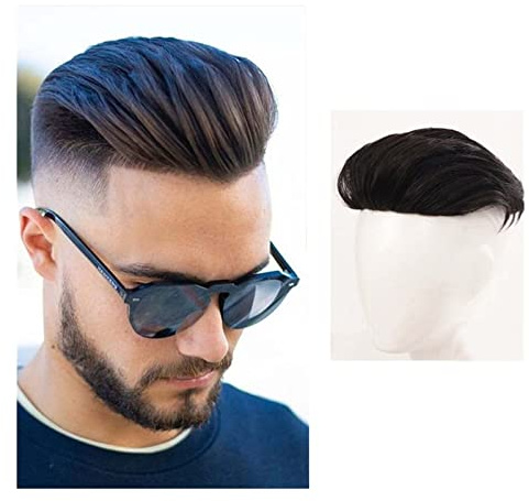 Parrucchino Uomo Clip for capelli sintetici corti da uomo in parrucchino Posticci Capelli lisci Topper Capelli naturali neri traspiranti Fibra ad alta temperatura Toupee for coprire la caduta dei cape