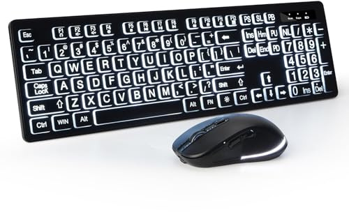 Wireless Keyboard and Mouse - Large Print Wireless Keyboard, KOPJIPPOM 2.4G Full Size Keyboard and Mouse Set with Big Letters and Backlight Key for Seniors, Compatible for Windows, Laptop, PC, Black