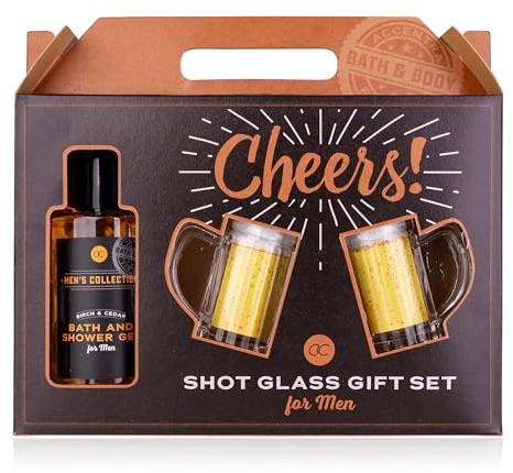 Accentra Geschenkset MEN'S COLLECTION in Geschenkbox, inkl. 140ml Bade- & Duschgel, 2 x Shotglas in Bierkrugform (je 4cl), Duft: Birke & Zeder - braun