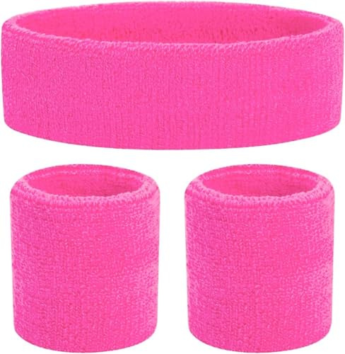 3X 3 in 1 Schweißband pink Set mit Stirnband - als Accessoire Vokuhila Kostüm zu Retro neon 80er 90er Outfit Fasching & Karneval