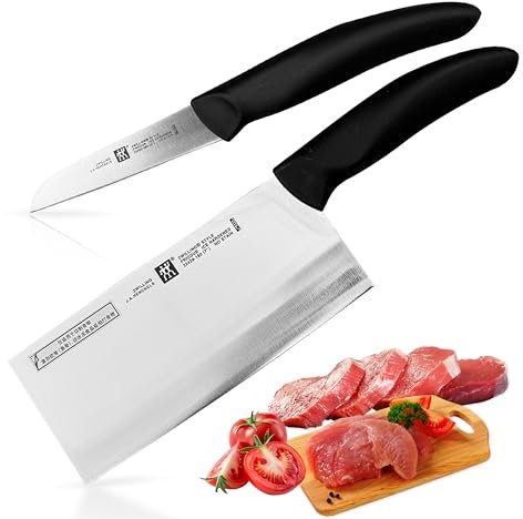 Zwilling Style Messerset 2 tlg Hackmesser 180mm + Gemüsemesser 8cm, Chinesisches Kochmesser, Breites Klingenblatt, Rostfreier Spezialstahl/Kunststoff-Griff, Schwarz