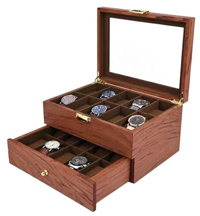 LoyaltyClivia Aufbewahrung Uhrenaufbewahrung, Uhrenkasten Massivholz, 2 Schicht Uhrenbox 20 Steckplätze Grosse Kapazität Uhren Vitrine Schmuck Schrank