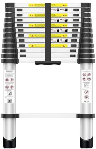Exleiter 3.8M Telescoping Ladder, Aluminum Lightweight Multi-Purpose Telescopic Ladder Collapsible Extension Ladder Folding Ladder for RV, Attic, Daily Use at Home, 330lbs Max Capacity