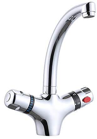 Robinet Lavabo avec 2 Poignées et Acier Inoxydable Tube de Sortie Laiton Thermostatique Robinet Mélangeur Laiton Plein Mitigeur Salle de Bains pour Cuisine, Chambre à Coucher