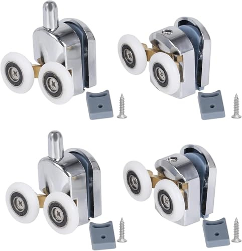 Zythrem 4Pcs Shower Door Rollers 23mm Replacement Shower Door Wheels with Anti-Collision Block and Screws 2Top & 2Bottom Shower Roller Wheels Sliding Glass Door Wheel for Curved Glass Doors 4-6mm