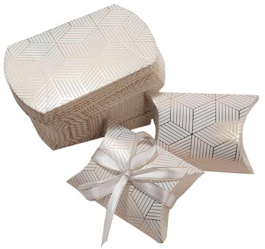 50 Stück Mini-Kissen Süßigkeiten Boxen aus Kraftpapier mit Band - Hochzeit Gastgeschenk, Schmuckverpackung, Seife Verpackung, Party Deko (Gold Streifen Design)