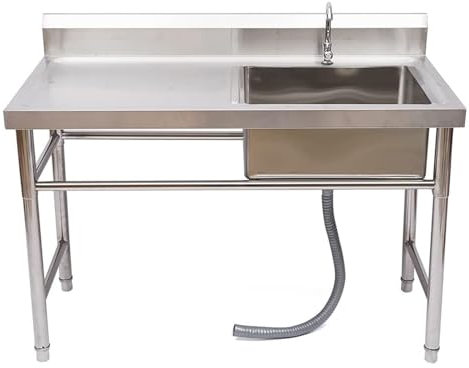 Fregadero de cocina de acero inoxidable, fregadero comercial, fregadero de restaurante con drenaje y protector contra salpicaduras, fregadero de un solo tazón independiente con banco de trab