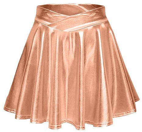 Faltenrock Damen Kurz Rock mit High Waist Faux Lederrock PU Minirock Klassisch Sexy Lederoptik Rock schwarz Festival Karneval-Rave-Outfit für Frauen Mädchen (01-Rose Gold, M)