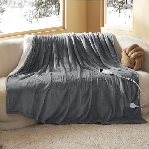 BEDSURE Heizdecke Wärmedecke Elektrische Kuscheldecke - 200x180cm, Grau | mit Abschaltautomatik, 6 Heizstufen & 10 Stunden Timer, bis zu 8 Stunden Überhitzungsschutz für Home & Office