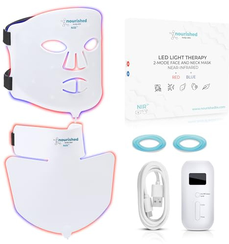 Nourished Bodynskin Masque LED visage et cou avec infrarouge proche - Luminothérapie bleue, rouge pour le visage - 228 LED - Outil de soin pour les rides, anti-âge