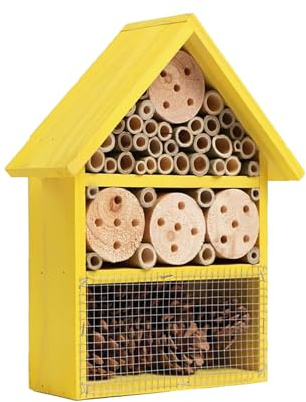 Bee & Bug Hotel Wooden Insect & Bee House with Pre-Drilled Hanging Hook Nesting Habitat for Solitary Bees Butterflies Ladybirds & More, Natural Wood Garden Shelter Box (Yellow, One Size)