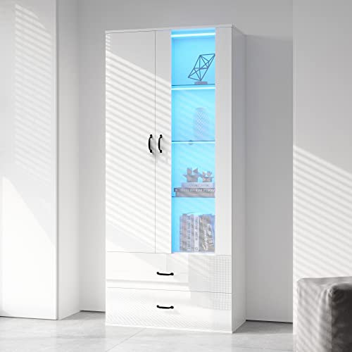 (Image Change)16 Farben LED-beleuchtete Vitrine, 2 Türen, 2 Schubladen mit Glastüren, Standvitrine Weiße LED-Vitrine Wohnzimmer Wohnzimmerwand LED-Vitrine LED-Schrank Buffetschrank Hochregal Bücherreg
