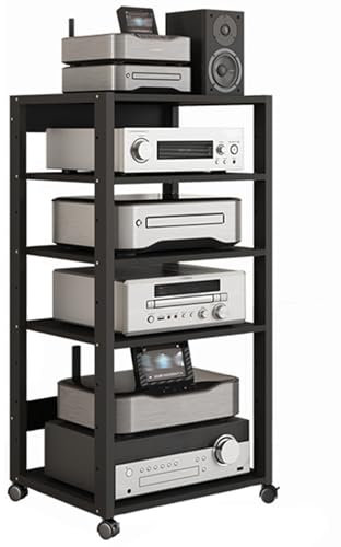 Modern AV Media Stand Stereo Cabinet Storage Rack with Wheels for Gaming Console and Audio Video Components 6 Tier Shelving Unit for Home Entertainment System (19.6x15x43.3 inches)