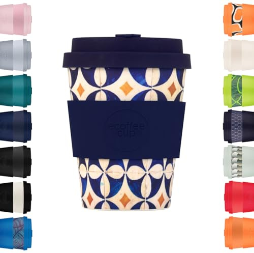 Ecoffee Cup Taza de café reutilizable de 350 ml, respetuosa con el medio ambiente, 100% a base de plantas, con tapa y funda de silicona, sin melamina y biodegradable, apta para lavavajillas y