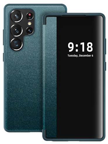 Custodia per Samsung Galaxy S23 Ultra Custodia S View S23 Ultra Flip Case Antiurto Custodia Flip Cover per Samsung S23 Ultra, Trasparente View Silicone Bumper Case (Verde)