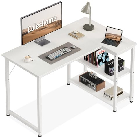 Coleshome Gamingbord, Hörnskrivbord med Reversibel Förvaringshylla, Utrymmessparande Skrivbord, Passar för PC-skrivbord i Hörn i Hemmet (Vit, 100x70cm)