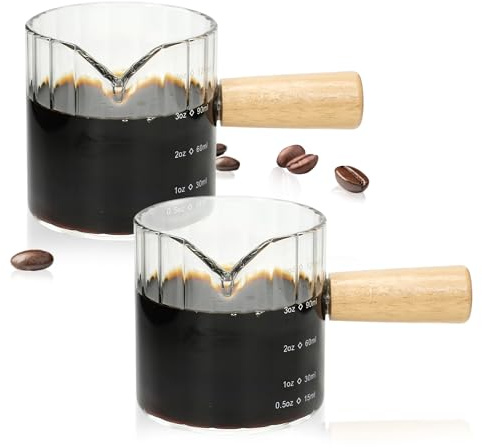Steviieden Juego de 2 tazas de café expreso, vasos de chupito de 4 onzas con asa en forma de V, jarra de espuma de leche acanalada, taza medidora de vidrio, taza de capuchino, accesorios de barra de