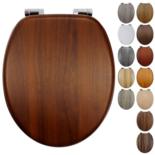 Fanmitrk Walnut Toilet Seat Wood Soft Close with Adjustable Solid Zinc Alloy Hinges, MDF Wooden Oval Toilet Seat with Bottom Fixings, Easy to Clean and Install (JH7406-01)