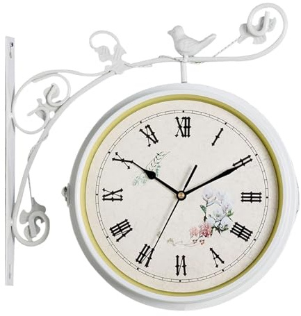 Gralara Orologio Da Stazione Bifacciale Rotondo Da 25 Cm, Retro Da Parete in Ferro Retrò, Che Consente Una Rotazione Di 360 Gradi, Orologio Da Silenzioso per Soggiorno, Cucina, Hall, Portico, Bianco
