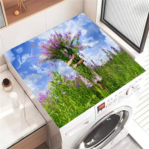 Highdi Housse de Protection pour Machine à Laver Top, Imprimé Lavande Coussin de Machine à Laver Antidérapant, Tapis de Protection pour Dessus Sèche-Linge Séchage Rapide (Violet 7,30x40cm)