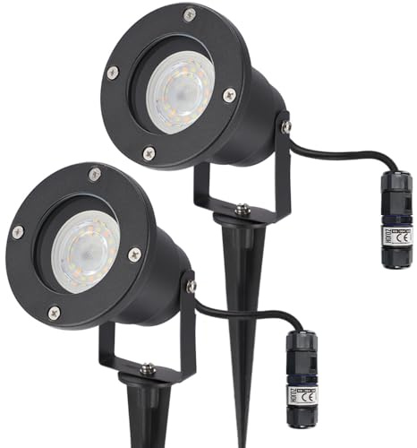 EDO 2er Set Gartenstrahler mit Erdspieß HORTUS IP65 Schwarz GU10 + 2x Wasserdichter Kabelverbinder IP68 0,5-2,5mm², Ø6,5-11mm - Außen Schwenkbar Gartenlamp, Außenbeleuchtung für Pflanzen, Kabel 25cm