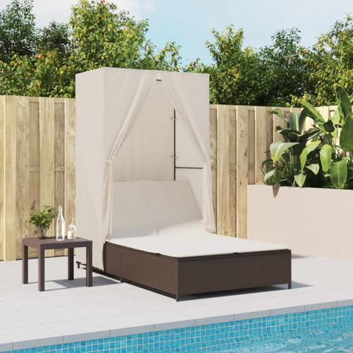 Frdhee Gartensessel Relaxstuhl,Doppel-Sonnenliege mit Dach und Vorhängen Braun Poly Rattan,Sonnenbank für Balkon,Strand,Terrasse und Camping