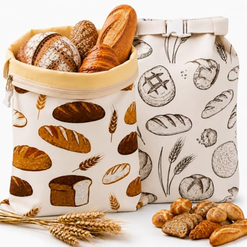 KAIVU Beeswax Bread Bag for Homemade Bread, 2 Pcs (43 x 33 cm) XL Reusable Natural Beeswax-Lined Cotton with Dual Zip & Buckle Closure, Keeps Bread Fresh Longer (Honey Heaven)