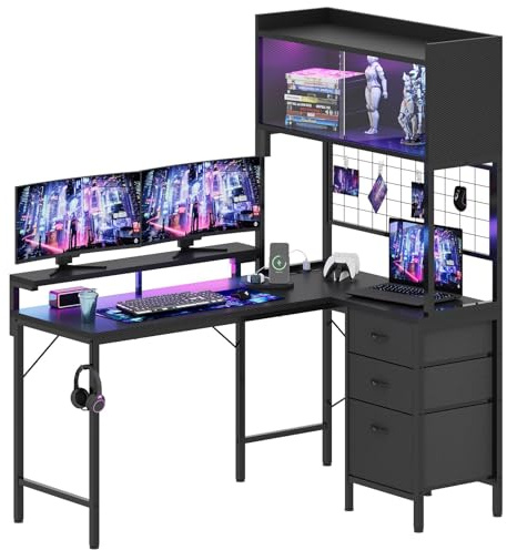 Devoko L-shape Gaming Desk with LED Lights 115 x 90 cm, PC Desk with Power Plug, 3 Drawers, Grill Panel, E-Sports Gaming Desk, Office, Bedroom, Black