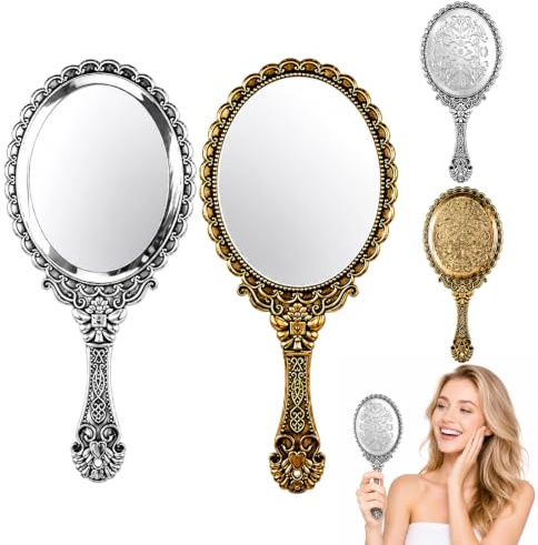 Handspiegel Mit Griff 2 Stück Set, Vintage Handspiegel Klein Für Schminken, Friseur Spiegel Aus Metall, Elegante Ausführung in Zwei Farben