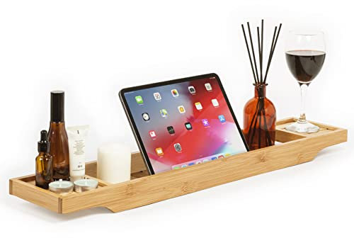 woodluv Slimline Bamboo Bathtub Caddy Tray Bridge Wooden Bath Rack Bathroom Accessory Bath Shelf Over Tub Bathroom Board Storage Shelf Tidy Relax Organiser, 70 x 14.5 x 7.5 cm - Natural