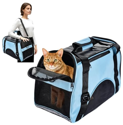 PETCUTE Hunde Tragetaschen,Transporttasche Katze Tragetasche,Faltbar Transporttasche für Kleine Hunde Katzen Haustier Taschen Blau L
