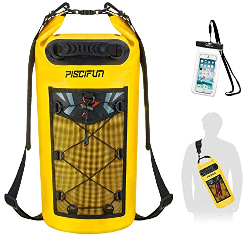 Piscifun Wasserdicht Dry Bag Rucksack Schwimm Dry Rucksack für Wassersport - Angeln Segeln Kajak Surfen Rafting Camping Geschenke für Männer und Frauen, die frei wasserdichte Schutztasche Gelb 10L