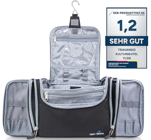 TRAVANDO Kulturbeutel Damen Herren Groß zum Aufhängen Maxi Kulturtasche Frauen Männer Waschbeutel Toilettentasche Toiletttasche Fächer Waschtasche Washbag Toiletbag XXL Beauty Case (Groß, Schwarz)