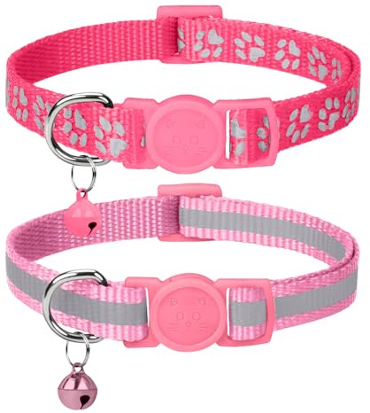 Taglory Collare Gatto Riflettente, 2 Pezzi Collari per Gatti Antistrozzo con Campanellino e Fibbia di Sicurezza, Stampa Zampa Carina 19-32cm Rosa