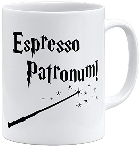 OM3® Tasse à expresso Patronum - Baguette magique - Tasse en céramique - 325 ml - Imprimé des deux côtés - Blanc